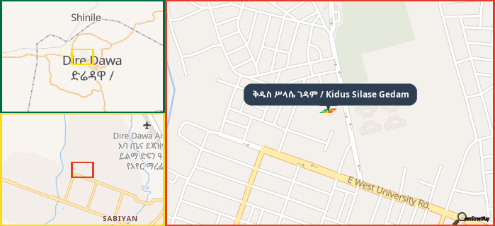 Map showing the address of ቅዱስ ሥላሴ ገዳም / Kidus Silase Gedam in three different zoom levels.