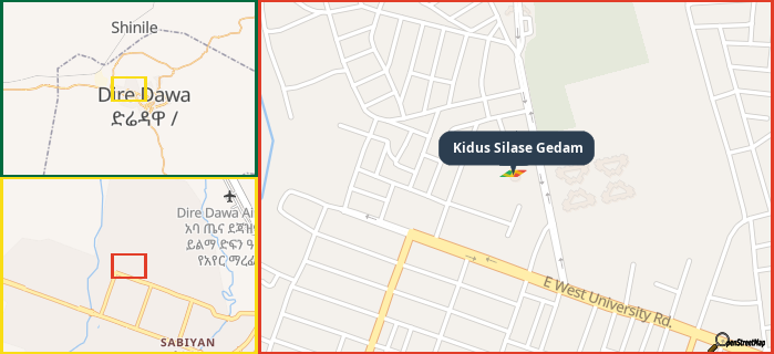 Map showing the address of Kidus Silase Gedam in three different zoom levels.