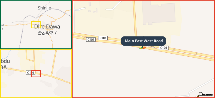 Map showing the address of Main East West Road in three different zoom levels.