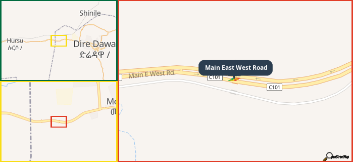 Map showing the address of Main East West Road in three different zoom levels.