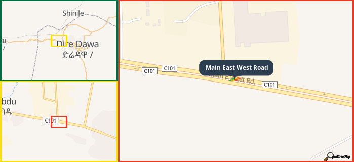 Map showing the address of Main East West Road in three different zoom levels.