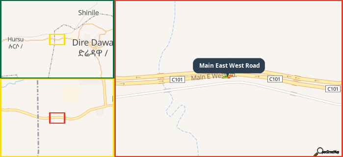 Map showing the address of Main East West Road in three different zoom levels.
