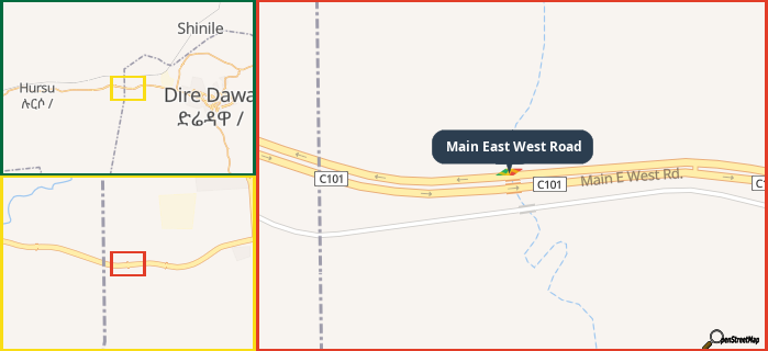 Map showing the address of Main East West Road in three different zoom levels.