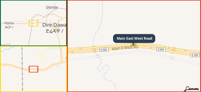Map showing the address of Main East West Road in three different zoom levels.