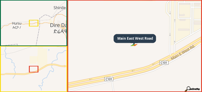 Map showing the address of Main East West Road in three different zoom levels.