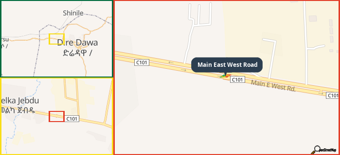 Map showing the address of Main East West Road in three different zoom levels.