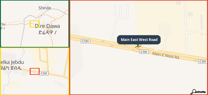 Map showing the address of Main East West Road in three different zoom levels.