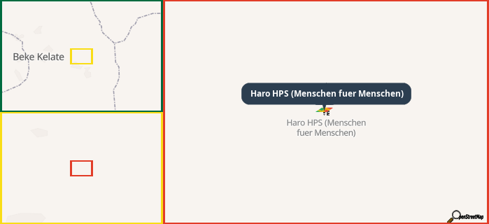 Map showing the address of Haro HPS (Menschen fuer Menschen) in three different zoom levels.