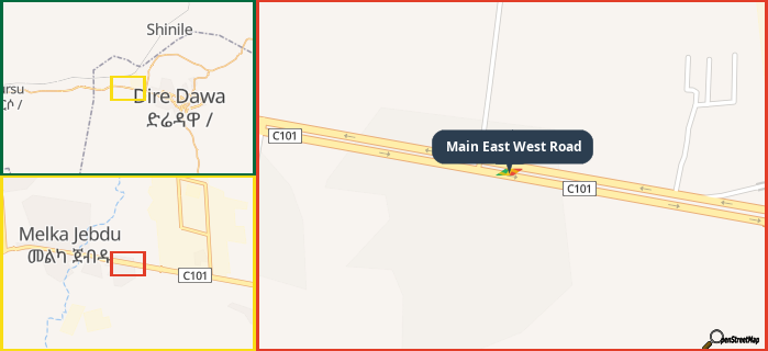 Map showing the address of Main East West Road in three different zoom levels.