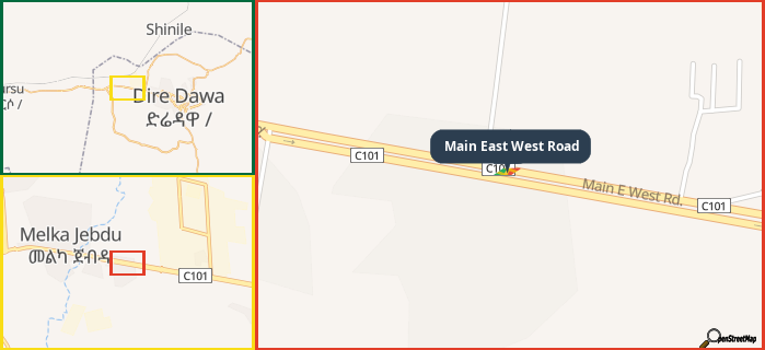 Map showing the address of Main East West Road in three different zoom levels.