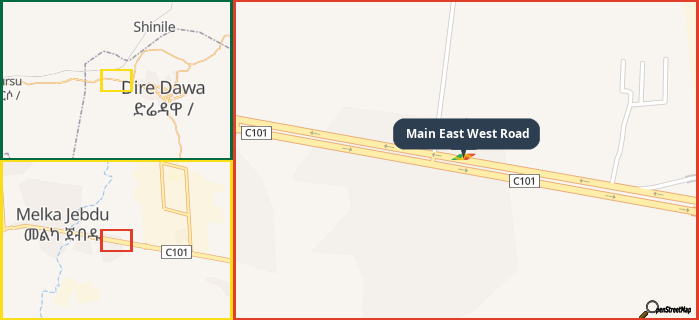 Map showing the address of Main East West Road in three different zoom levels.