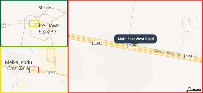 Map showing the address of Main East West Road in three different zoom levels.