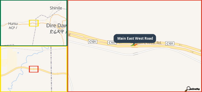 Map showing the address of Main East West Road in three different zoom levels.