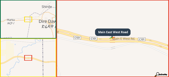 Map showing the address of Main East West Road in three different zoom levels.