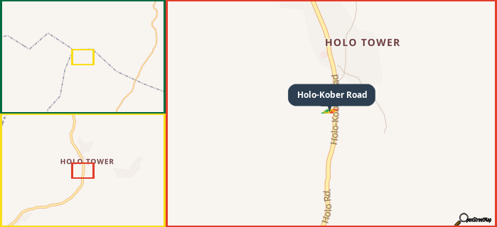 Map showing the address of Holo-Kober Road in three different zoom levels.