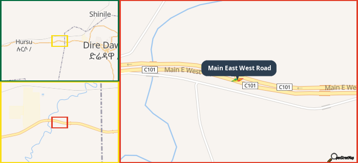 Map showing the address of Main East West Road in three different zoom levels.