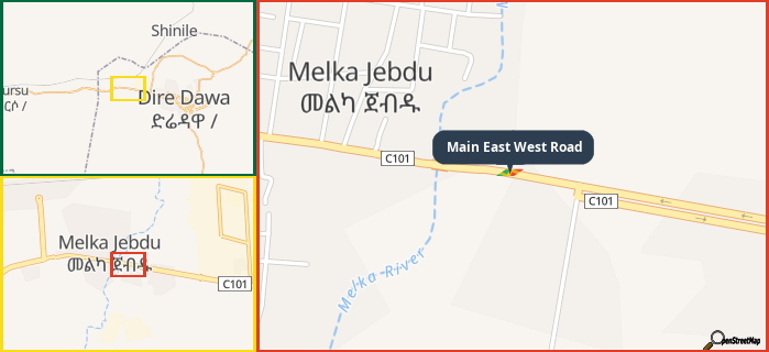 Map showing the address of Main East West Road in three different zoom levels.