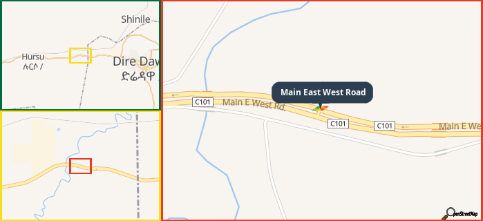 Map showing the address of Main East West Road in three different zoom levels.