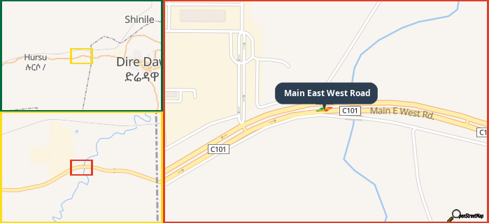 Map showing the address of Main East West Road in three different zoom levels.