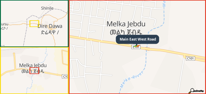 Map showing the address of Main East West Road in three different zoom levels.