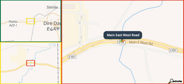 Map showing the address of Main East West Road in three different zoom levels.