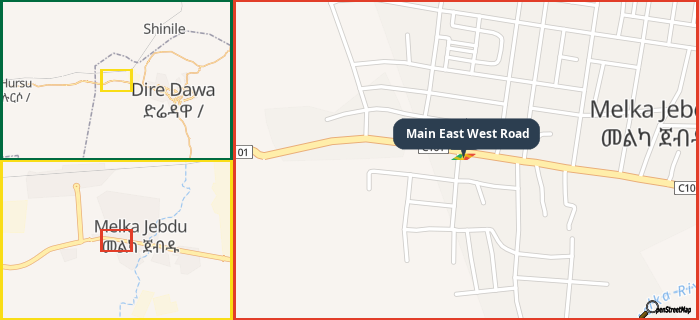 Map showing the address of Main East West Road in three different zoom levels.