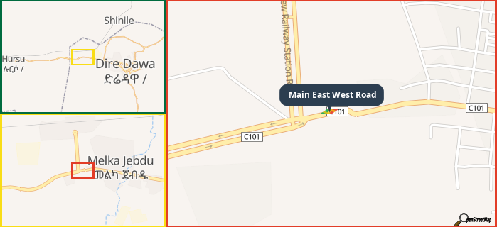 Map showing the address of Main East West Road in three different zoom levels.