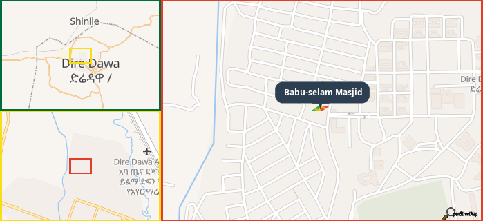Map showing the address of Babu-selam Masjid in three different zoom levels.