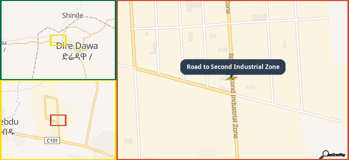 Map showing the address of Road to Second Industrial Zone in three different zoom levels.