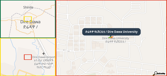 Map showing the address of ድሬዳዋ ዩኒቨርሲቲ / Dire Dawa University in three different zoom levels.