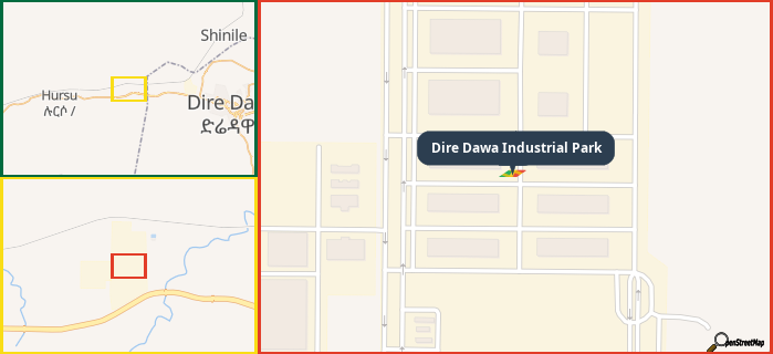 Map showing the address of Dire Dawa Industrial Park in three different zoom levels.