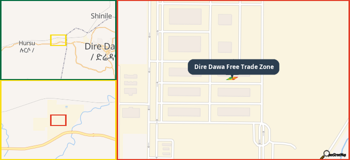 Map showing the address of Dire Dawa Free Trade Zone in three different zoom levels.