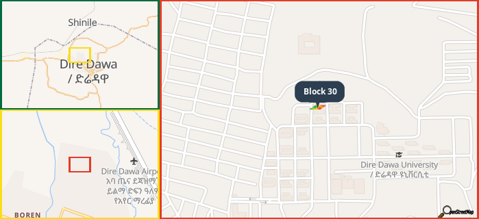 Map showing the address of Block 30 in three different zoom levels.