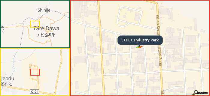 Map showing the address of CCECC Industry Park in three different zoom levels.
