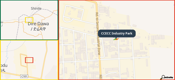 Map showing the address of CCECC Industry Park in three different zoom levels.