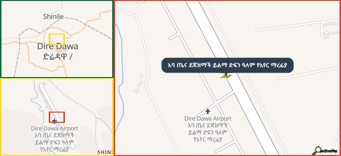 Map showing the address of አባ ጤና ደጃዝማች ይልማ ድፍን ዓለም የአየር ማረፊያ in three different zoom levels.
