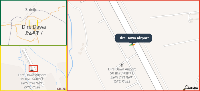 Map showing the address of Dire Dawa Airport in three different zoom levels.