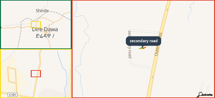 Map showing the address of secondary road in three different zoom levels.