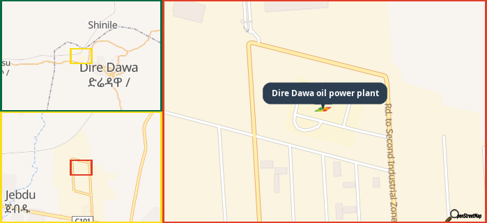 Map showing the address of Dire Dawa oil power plant in three different zoom levels.