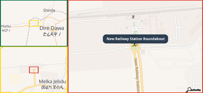 Map showing the address of New Railway Station Roundabout in three different zoom levels.