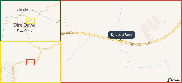 Map showing the address of Djibouti Road in three different zoom levels.