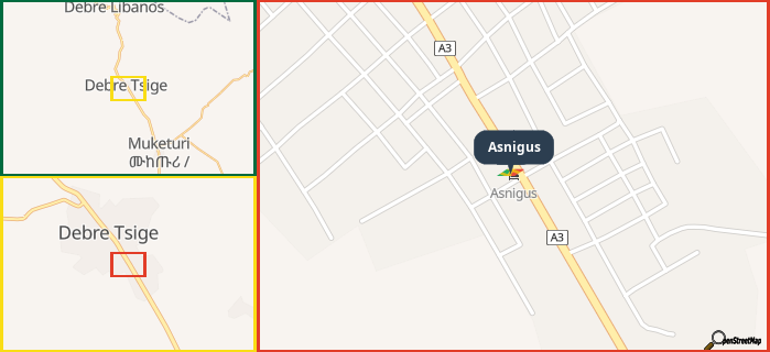 Map showing the address of Asnigus in three different zoom levels.