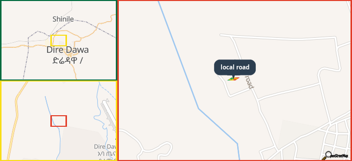 Map showing the address of local road in three different zoom levels.
