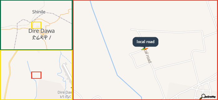 Map showing the address of local road in three different zoom levels.