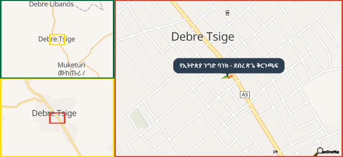 Map showing the address of የኢትዮጵያ ንግድ ባንክ - ደብረ ጽጌ ቅርንጫፍ in three different zoom levels.
