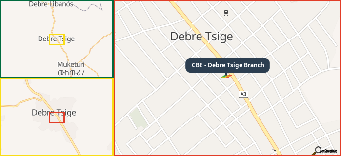 Map showing the address of CBE - Debre Tsige Branch in three different zoom levels.