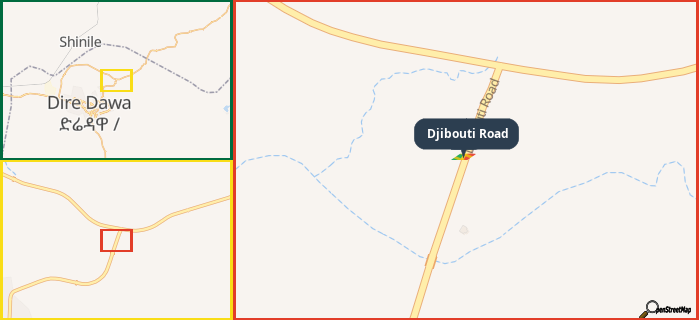 Map showing the address of Djibouti Road in three different zoom levels.
