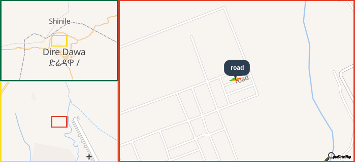 Map showing the address of road in three different zoom levels.