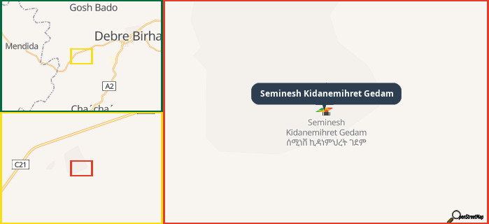 Map showing the address of Seminesh Kidanemihret Gedam in three different zoom levels.