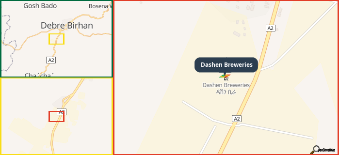 Map showing the address of Dashen Breweries in three different zoom levels.